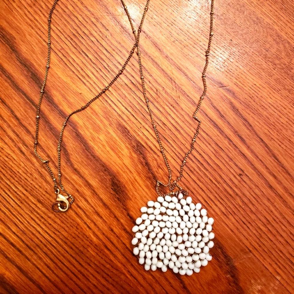 Beaded circle necklace white long length vintage style